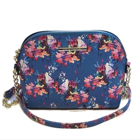 Steve Madden Floral Crossbody Purse Blue Gold Chain Chic Summer Vacation Bag - Picture 16 of 16